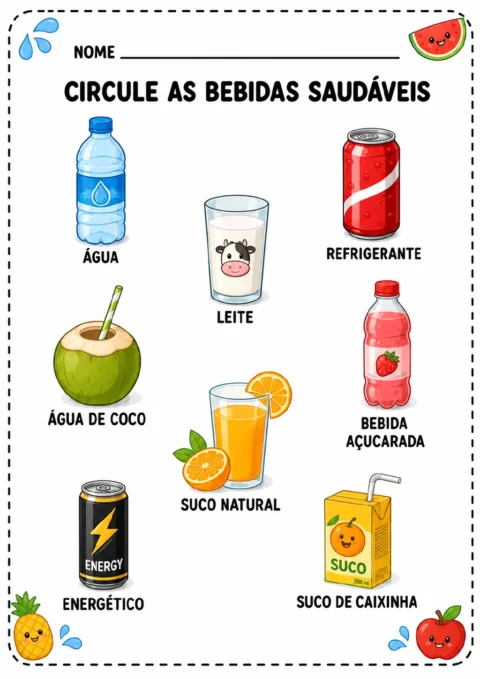 Oito bebidas ilustradas e identificadas: água, leite, água de coco, suco natural, refrigerante, bebida açucarada.