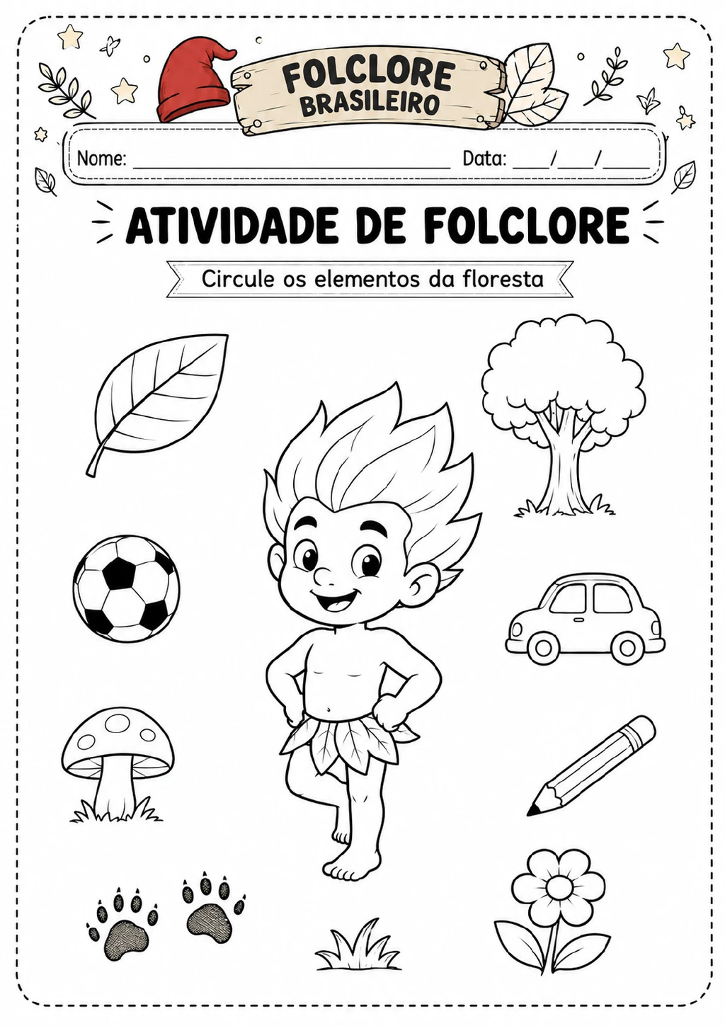 Curupira no centro, cercado por folha, árvore, cogumelo, pegadas, grama, flor, bola, carro e lápis.