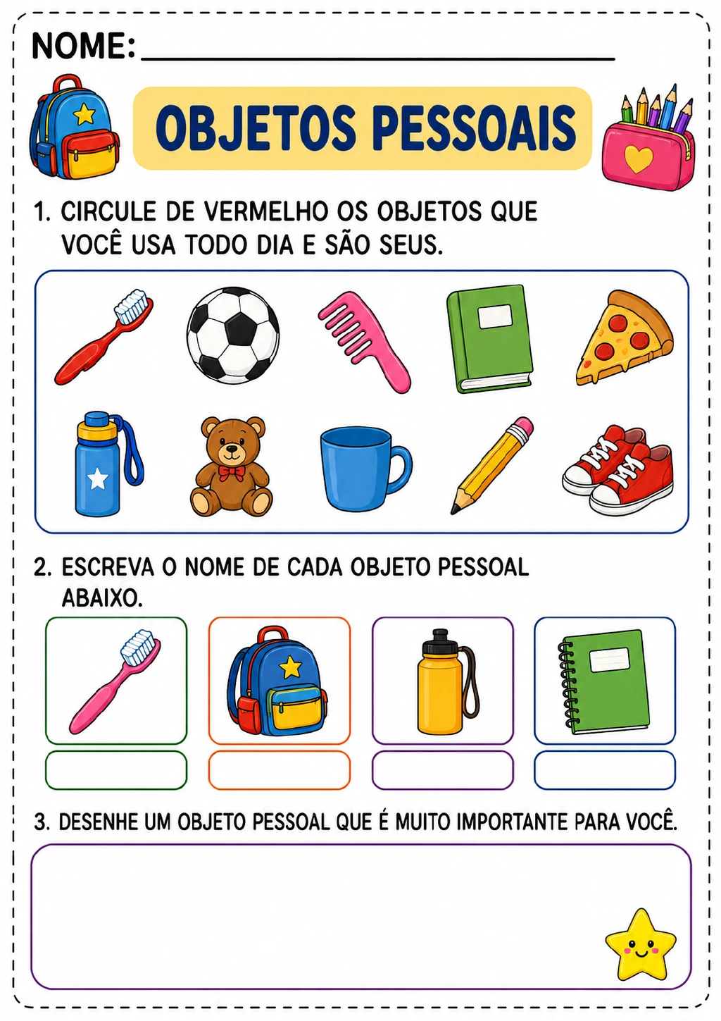 Dez figuras para circular aparecem na parte superior; abaixo, há imagens de escova de dentes, mochila.