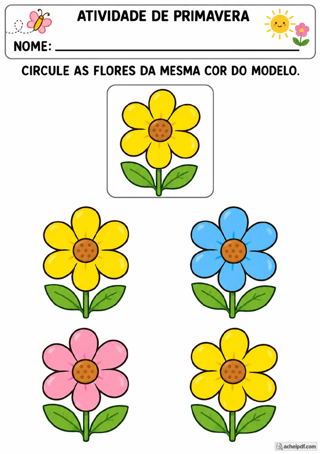 Flor amarela em um quadro como modelo e quatro flores coloridas abaixo, incluindo duas flores amarelas para circular.