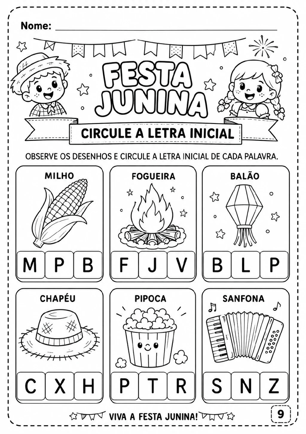 Seis quadros com desenhos de milho, fogueira, balão, chapéu, pipoca e sanfona, cada um.