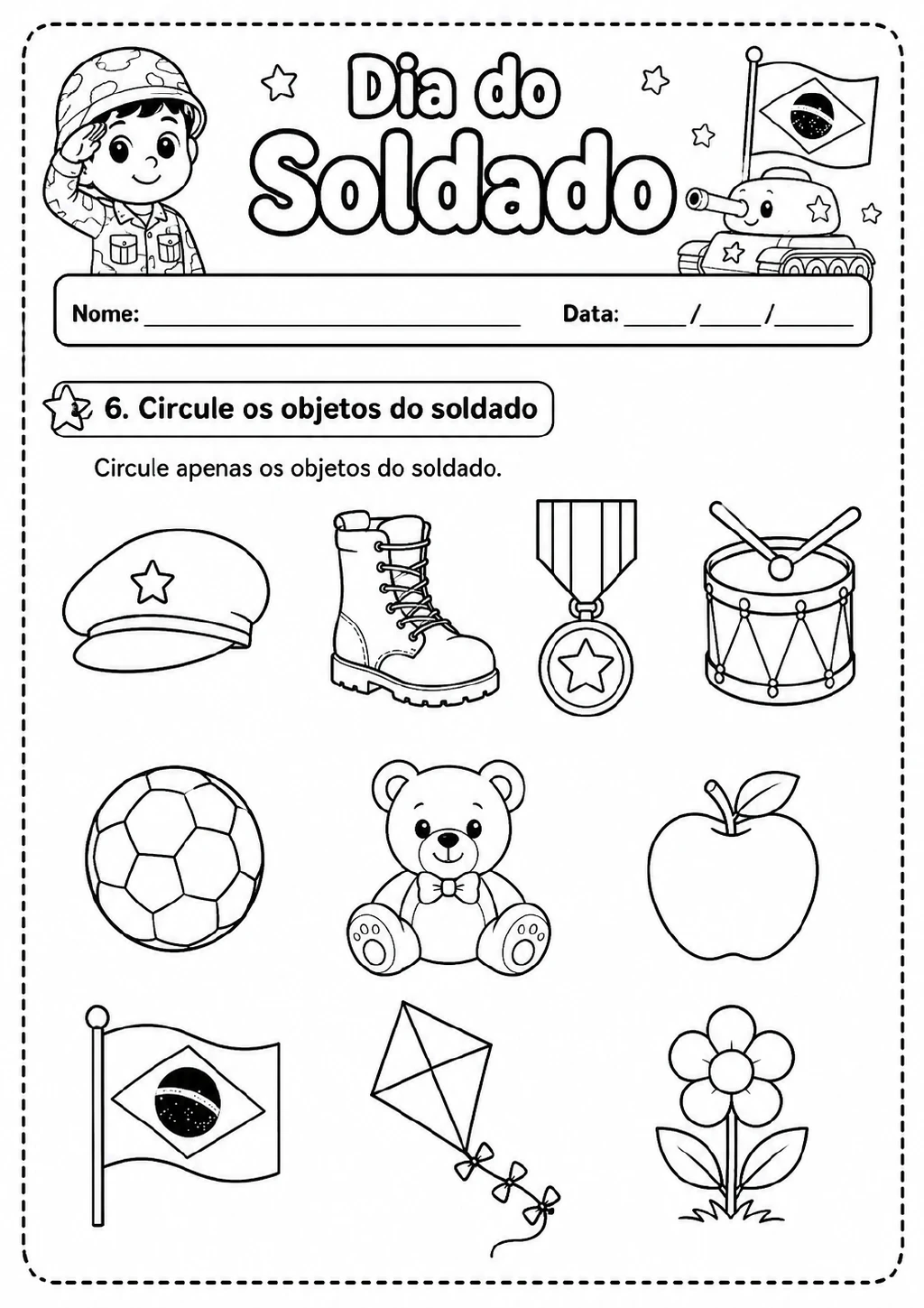 Desenhos de boné militar, coturno, medalha, tambor, bola, urso de pelúcia, maçã, bandeira do Brasil.