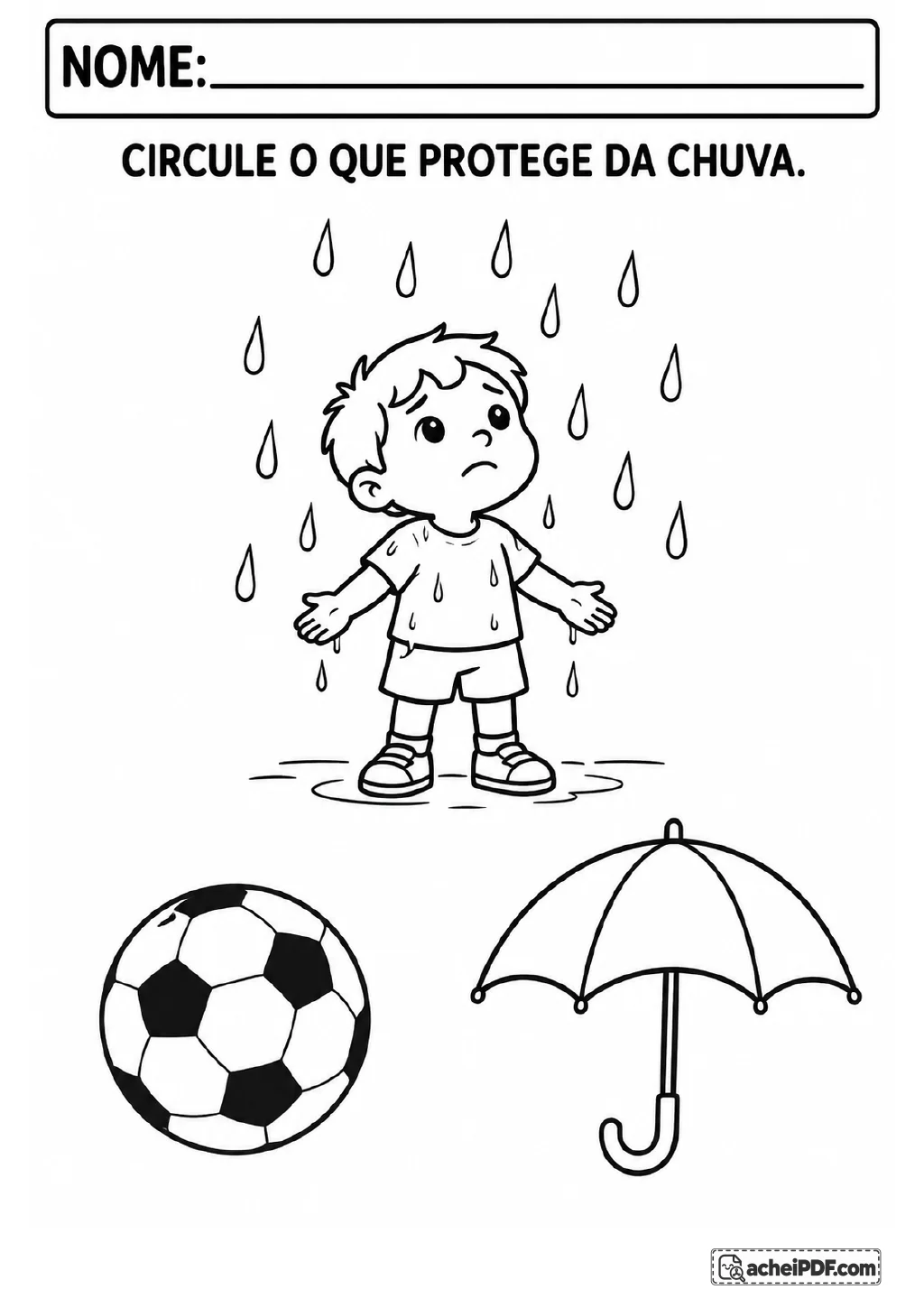Desenho em preto e branco de uma criança sob gotas de chuva, com uma bola e um guarda-chuva abaixo para circular.