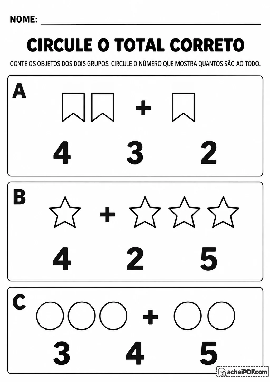 Três quadros, identificados como A, B e C, mostram grupos de bandeirolas, estrelas e círculos.