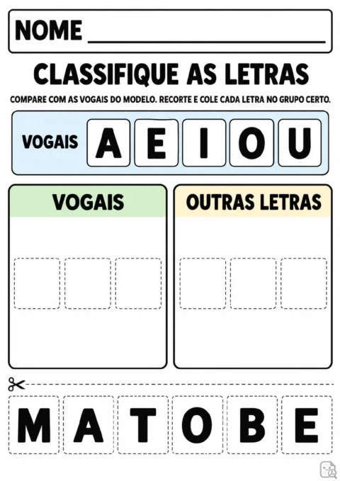 Modelo com as vogais A, E, I, O e U, seis letras destacáveis — M, A, T, O, B e E — e dois grupos.