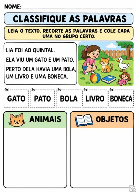 Texto sobre Lia no quintal, ilustração com gato, pato, bola, livro e boneca, cartões de palavras destacáveis.