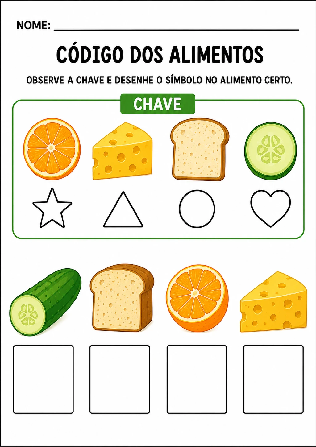 Chave visual que associa laranja à estrela, queijo ao triângulo, pão ao círculo e pepino ao coração.