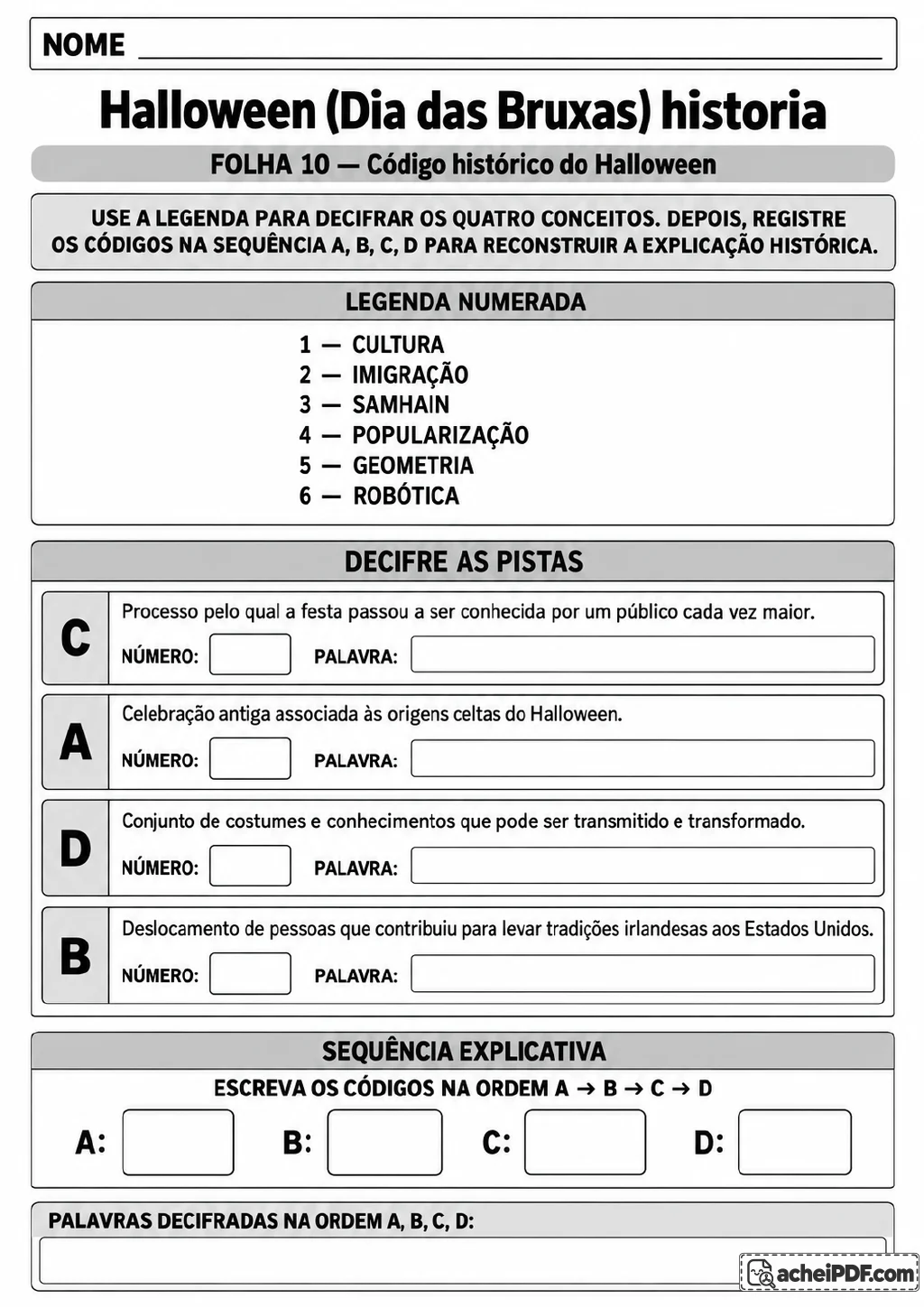 Legenda numerada com termos ligados à história do Halloween, quatro pistas identificadas de A a D.