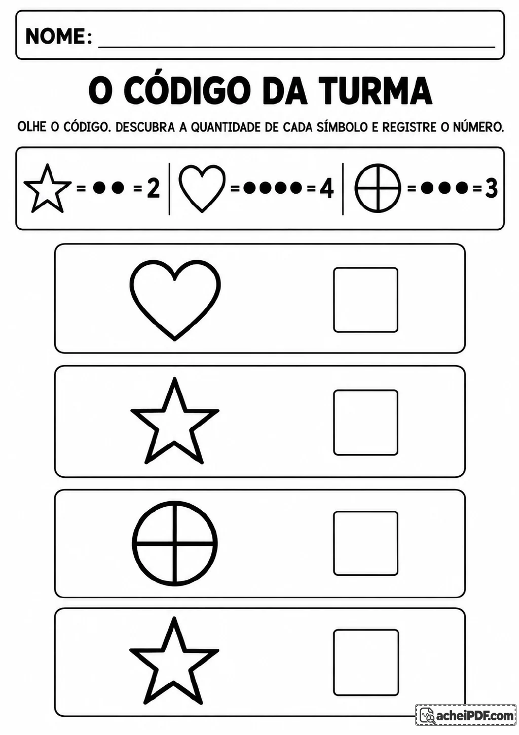 Código visual com estrela associada ao número 2, coração ao número 4 e círculo dividido ao número 3.