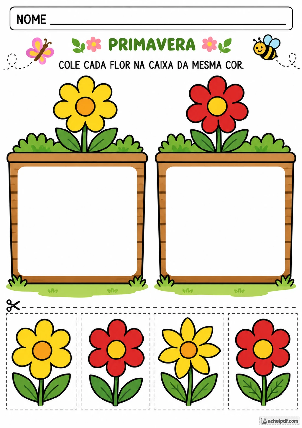 Duas caixas identificadas por flores amarela e vermelha e quatro cartões tracejados com flores amarelas.