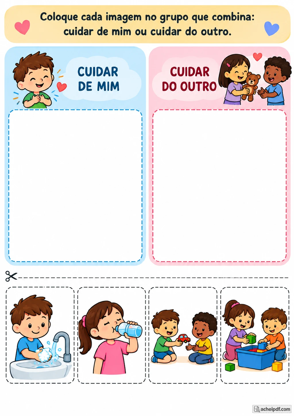 Dois quadros tracejados nomeados Cuidar de mim e Cuidar do outro, com cartões de lavar as mãos, beber água.
