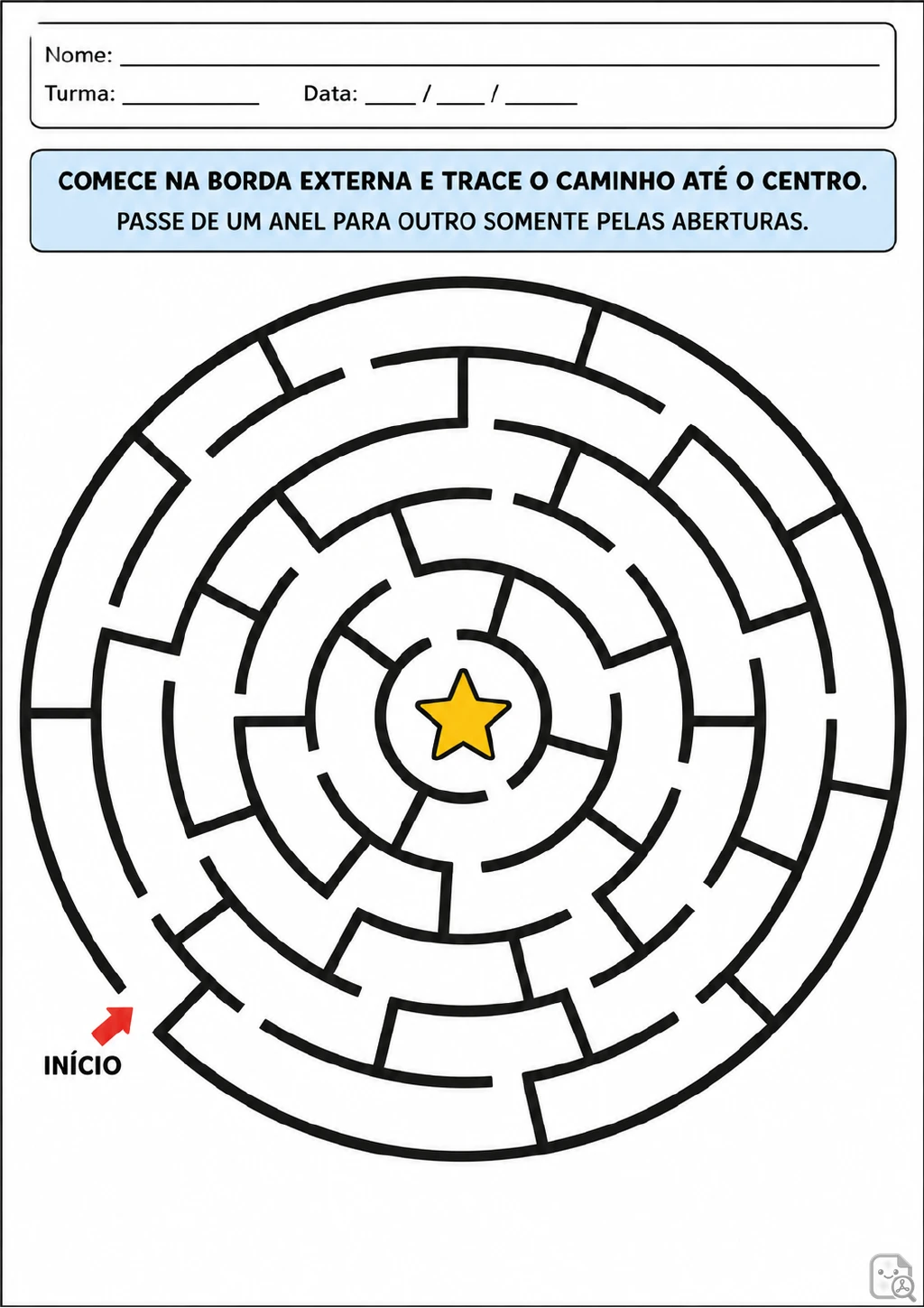 Labirinto circular em preto e branco com abertura de início na borda externa e estrela amarela no centro.