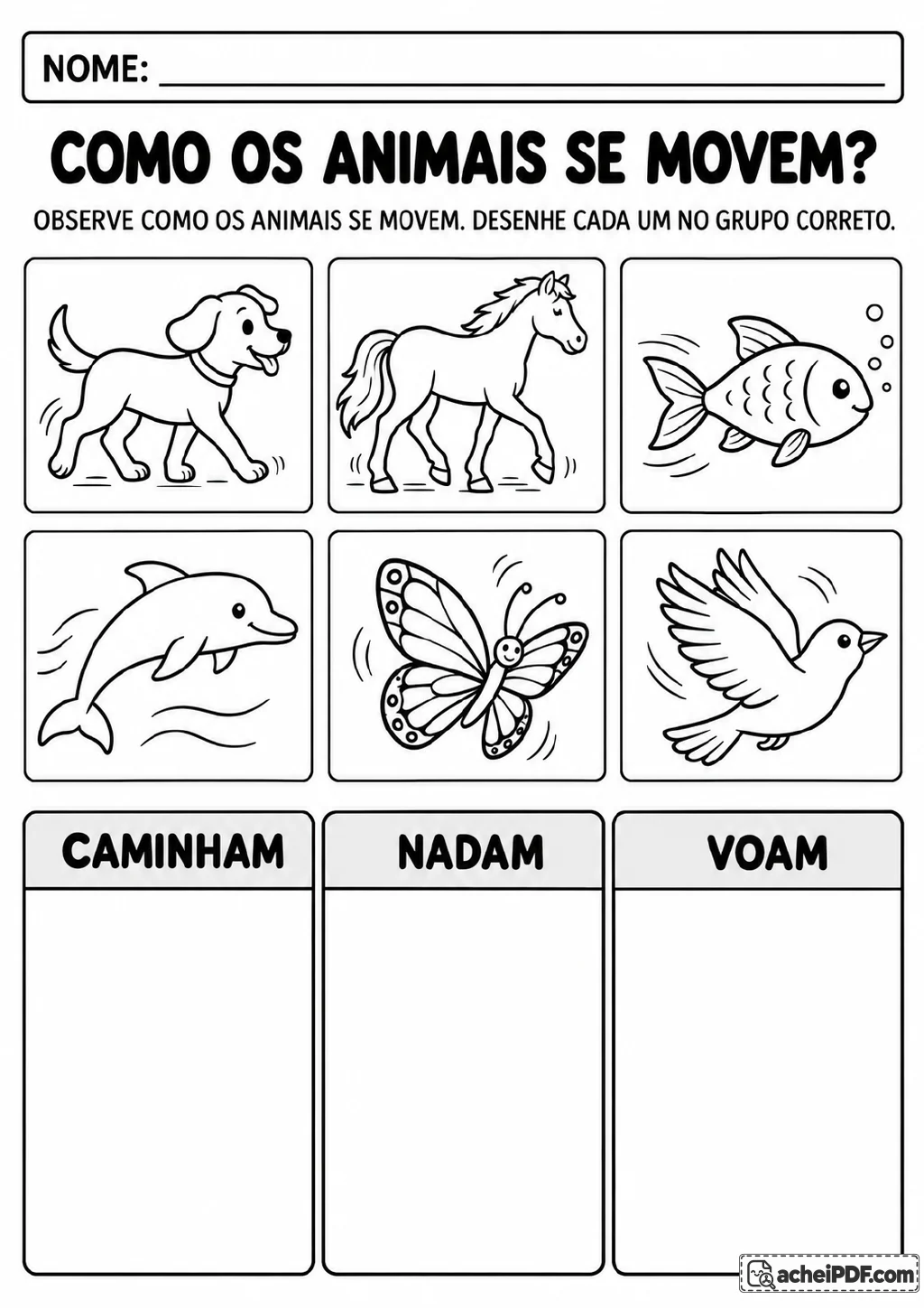 Cachorro, cavalo, peixe, golfinho, borboleta e pássaro para classificar a locomoção em três grupos.