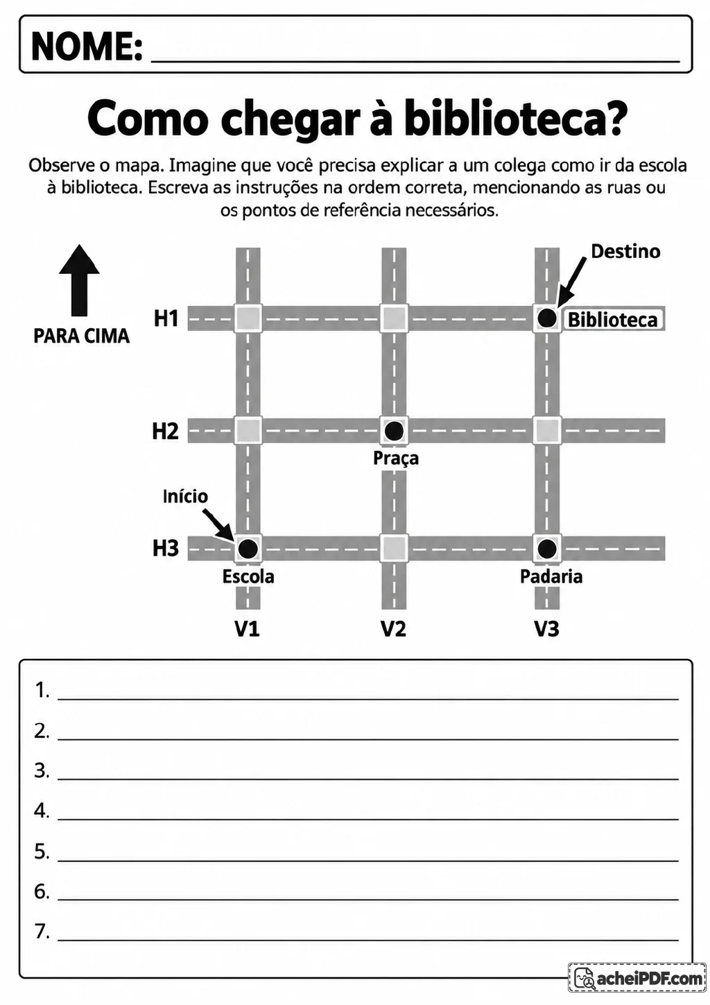 Mapa em grade com a escola no ponto de início, a biblioteca no destino, praça e padaria como referências.