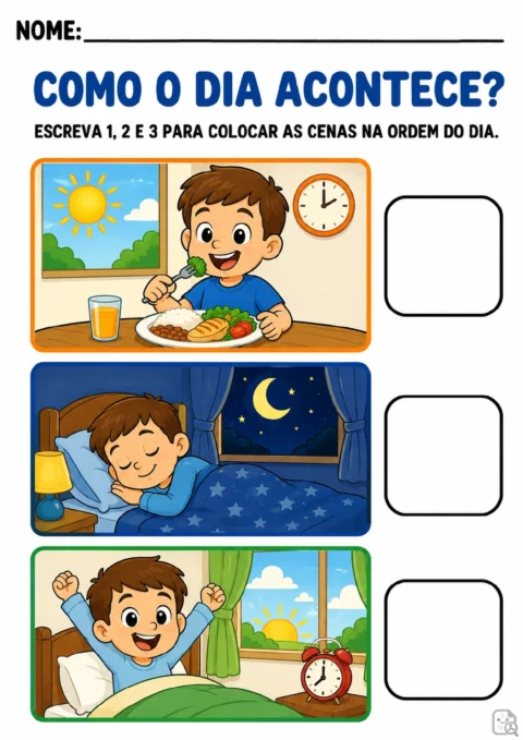 Três cenas mostram uma criança acordando ao lado da cama e de um despertador, almoçando e dormindo.
