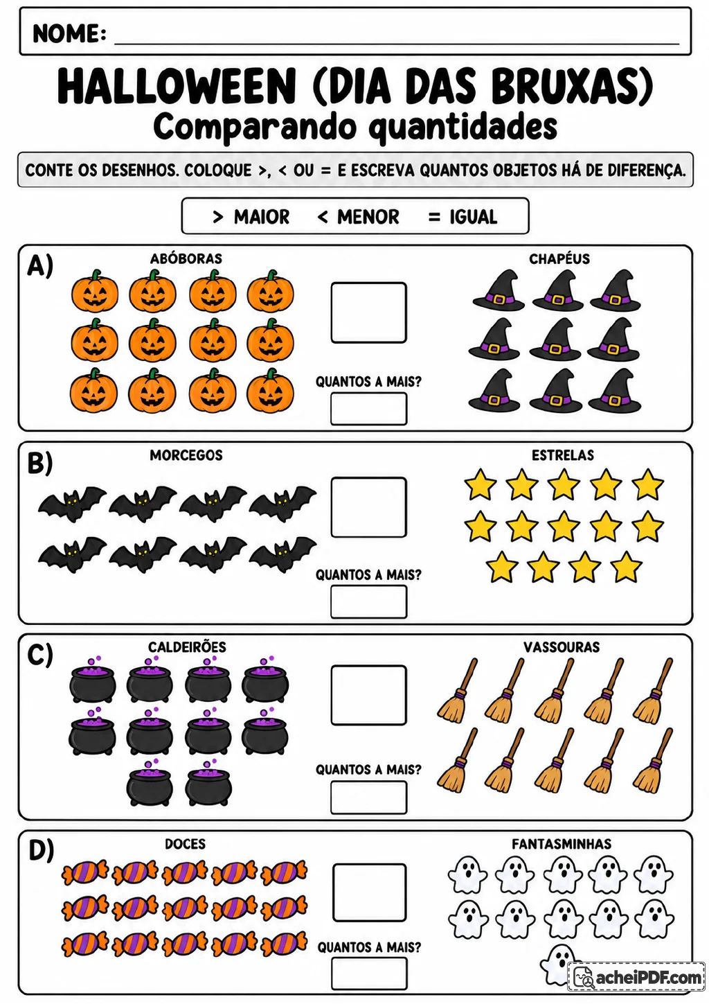 Quatro comparações coloridas mostram coleções de abóboras e chapéus, morcegos e estrelas, caldeirões e vassouras.