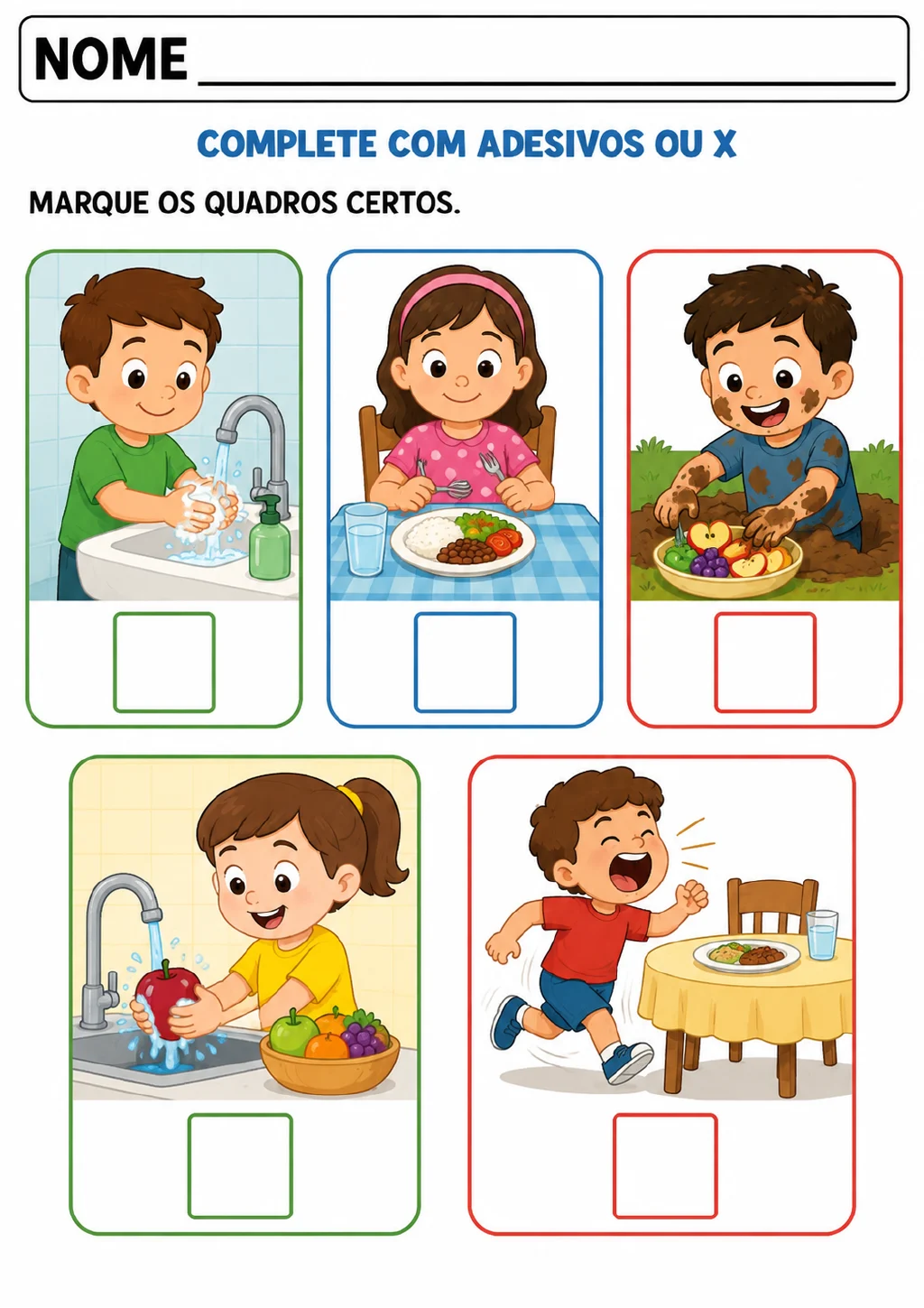 Cinco quadros com caixas para marcar mostram crianças lavando as mãos, comendo à mesa e lavando frutas.