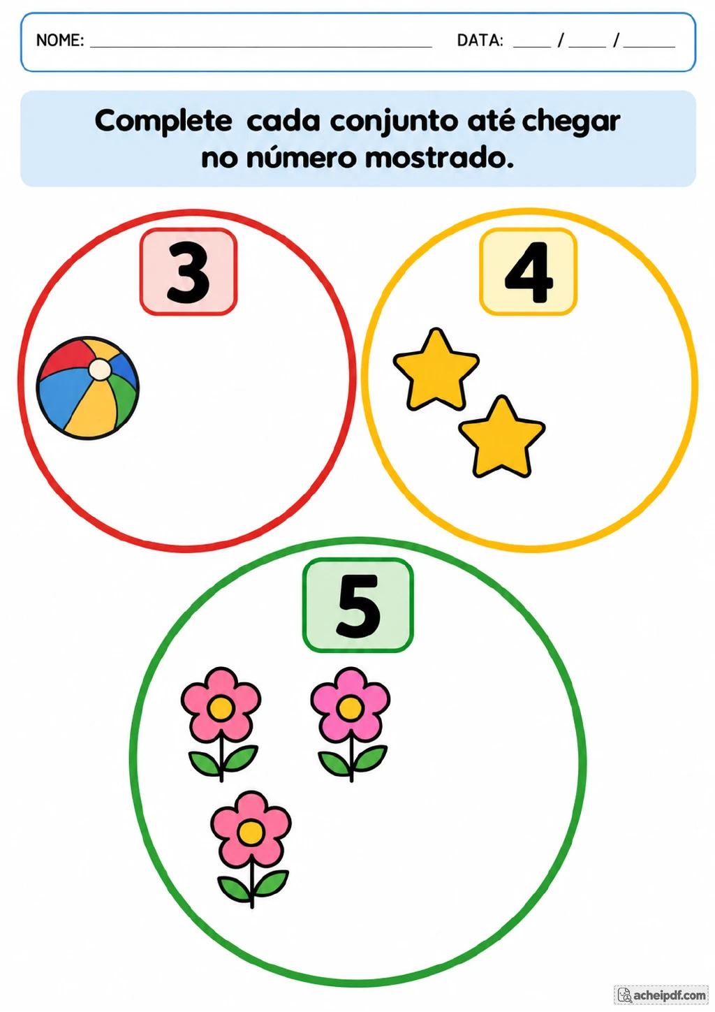 Três conjuntos circulares com os números 3, 4 e 5: o primeiro contém uma bola, o segundo duas estrelas.