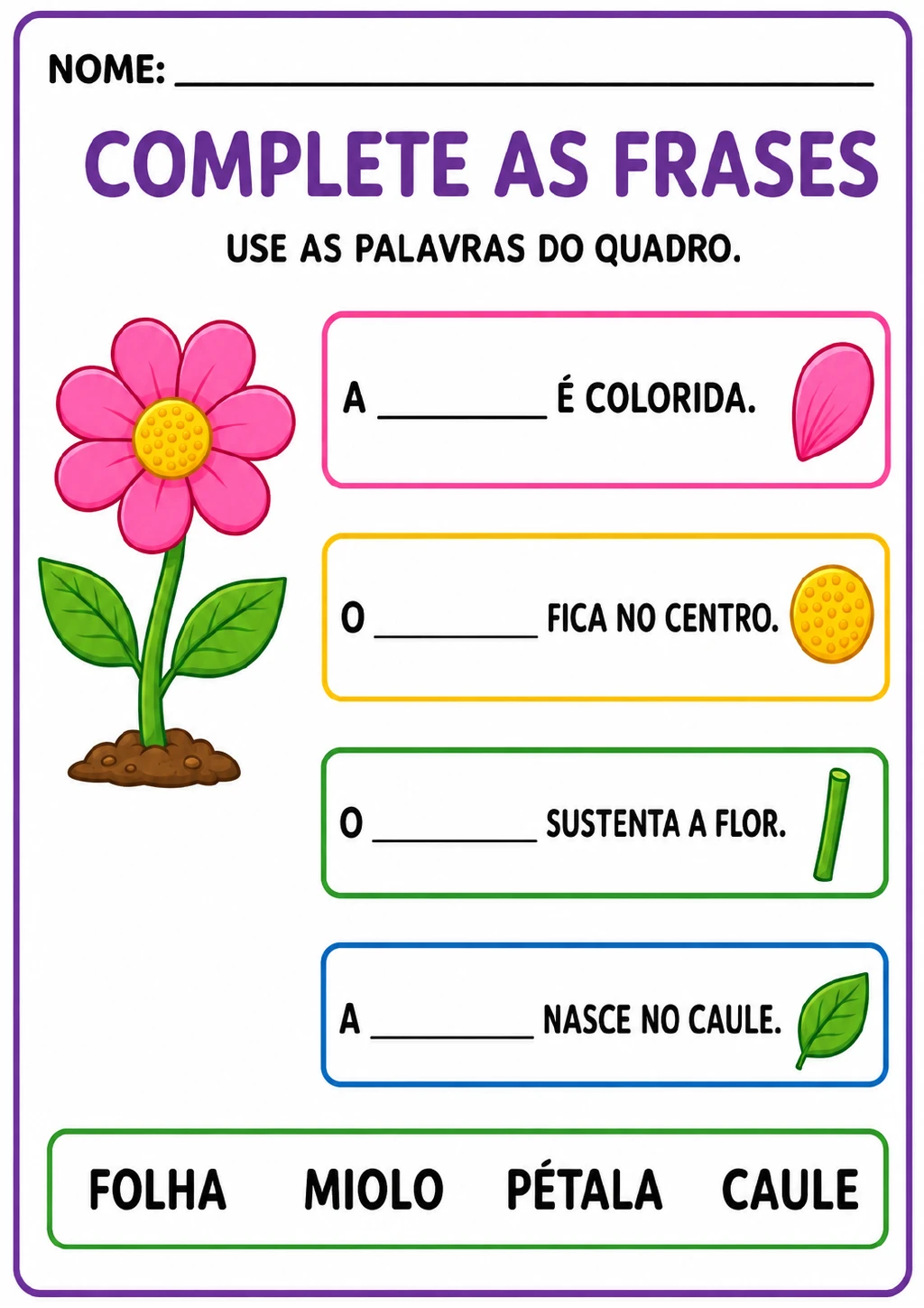Quatro frases com lacunas, desenhos de pétala, miolo, caule e folha e um quadro com as palavras folha, miolo, pétala e caule.