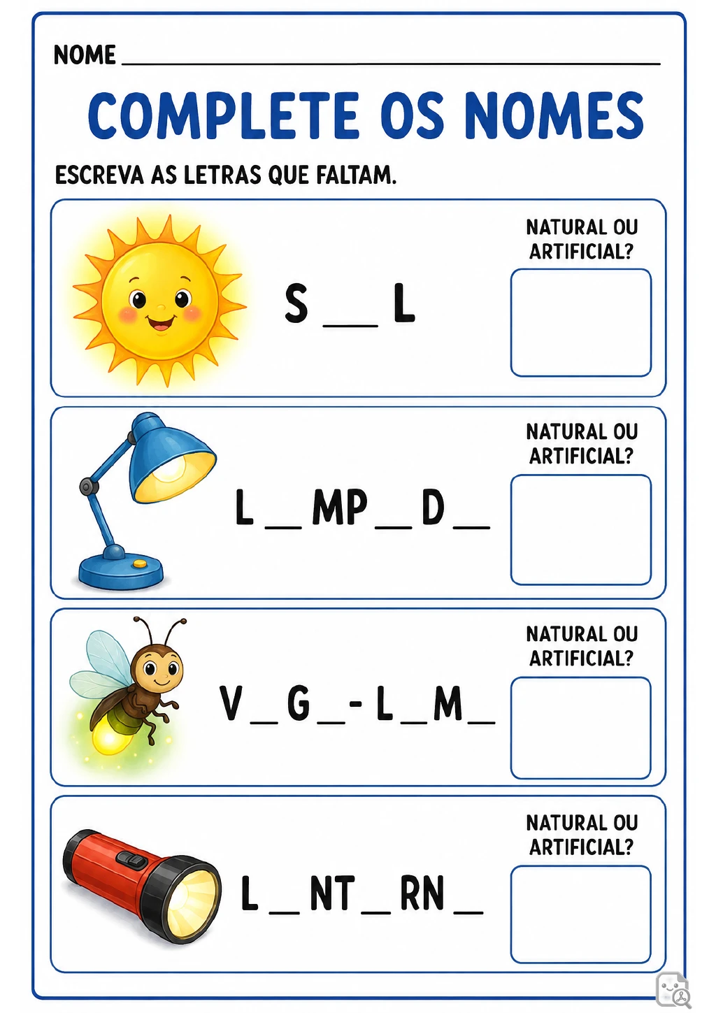 Quatro faixas com imagens de Sol, lâmpada, vaga-lume e lanterna, palavras incompletas e campos.