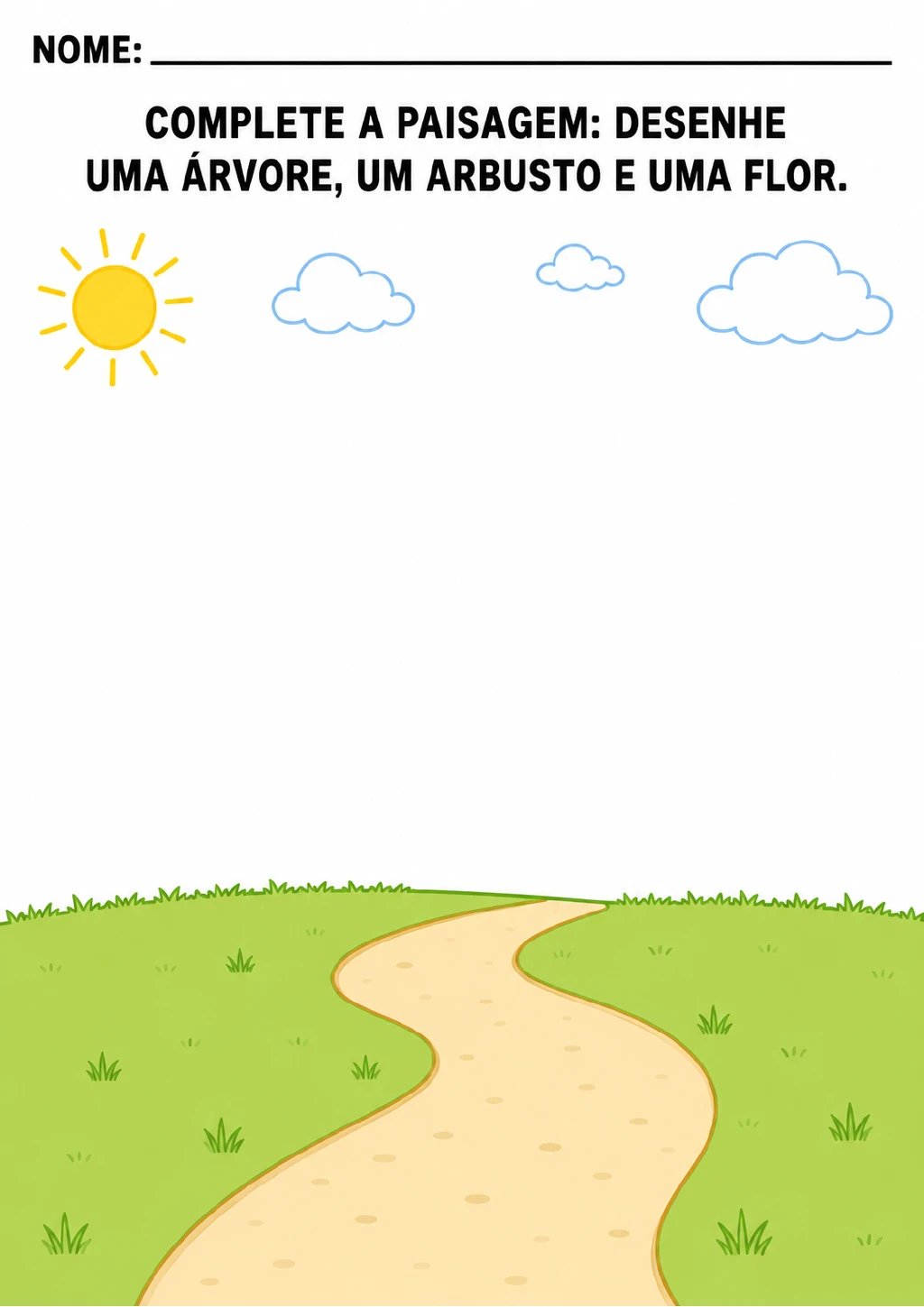 Paisagem com gramado, caminho sinuoso, sol e três nuvens, com espaço livre para desenhar uma árvore, um arbusto e uma flor.