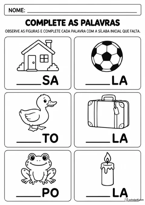 Seis quadros em preto e branco com desenhos de casa, bola, pato, mala, sapo e vela.