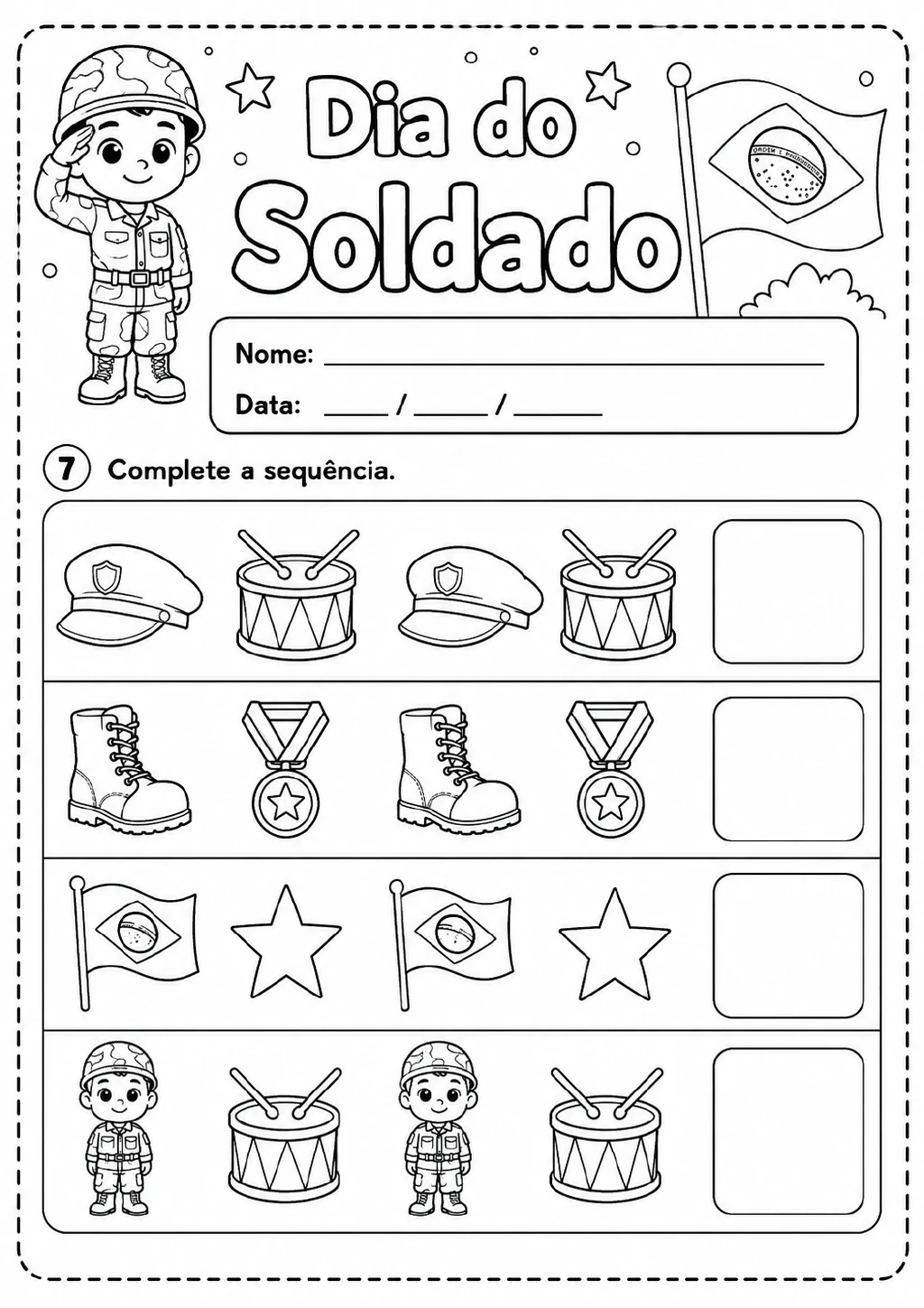 Quatro sequências alternadas com boné e tambor, coturno e medalha, bandeira e estrela, além de soldado e tambor.
