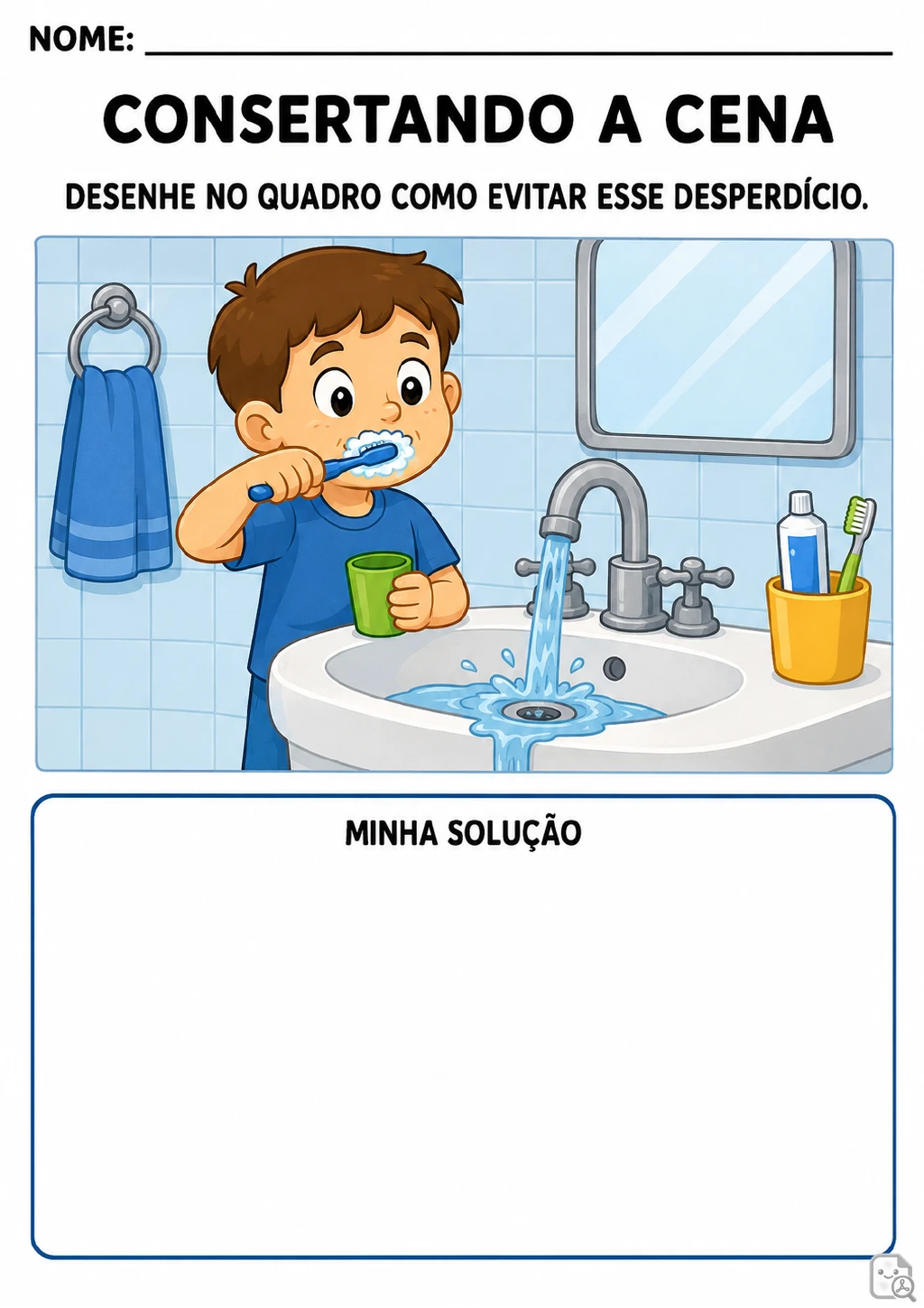 Menino escovando os dentes diante de uma pia com a torneira aberta, segurando um copo verde; abaixo.