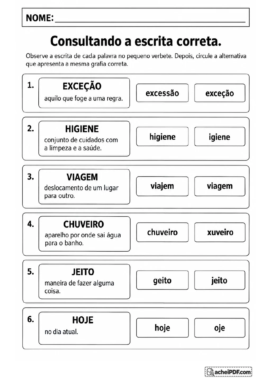 Seis faixas apresentam verbetes em letras maiúsculas, definições curtas e duas alternativas de escrita em caixas.