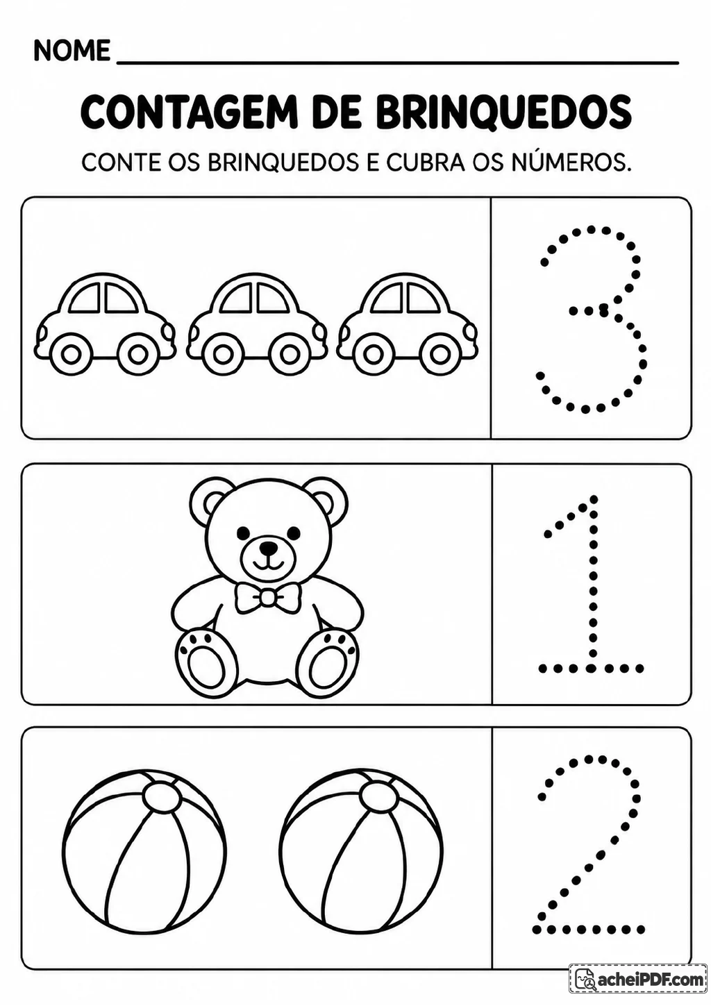 Três carros ao lado do numeral pontilhado 3, um urso de pelúcia ao lado do numeral pontilhado 1.