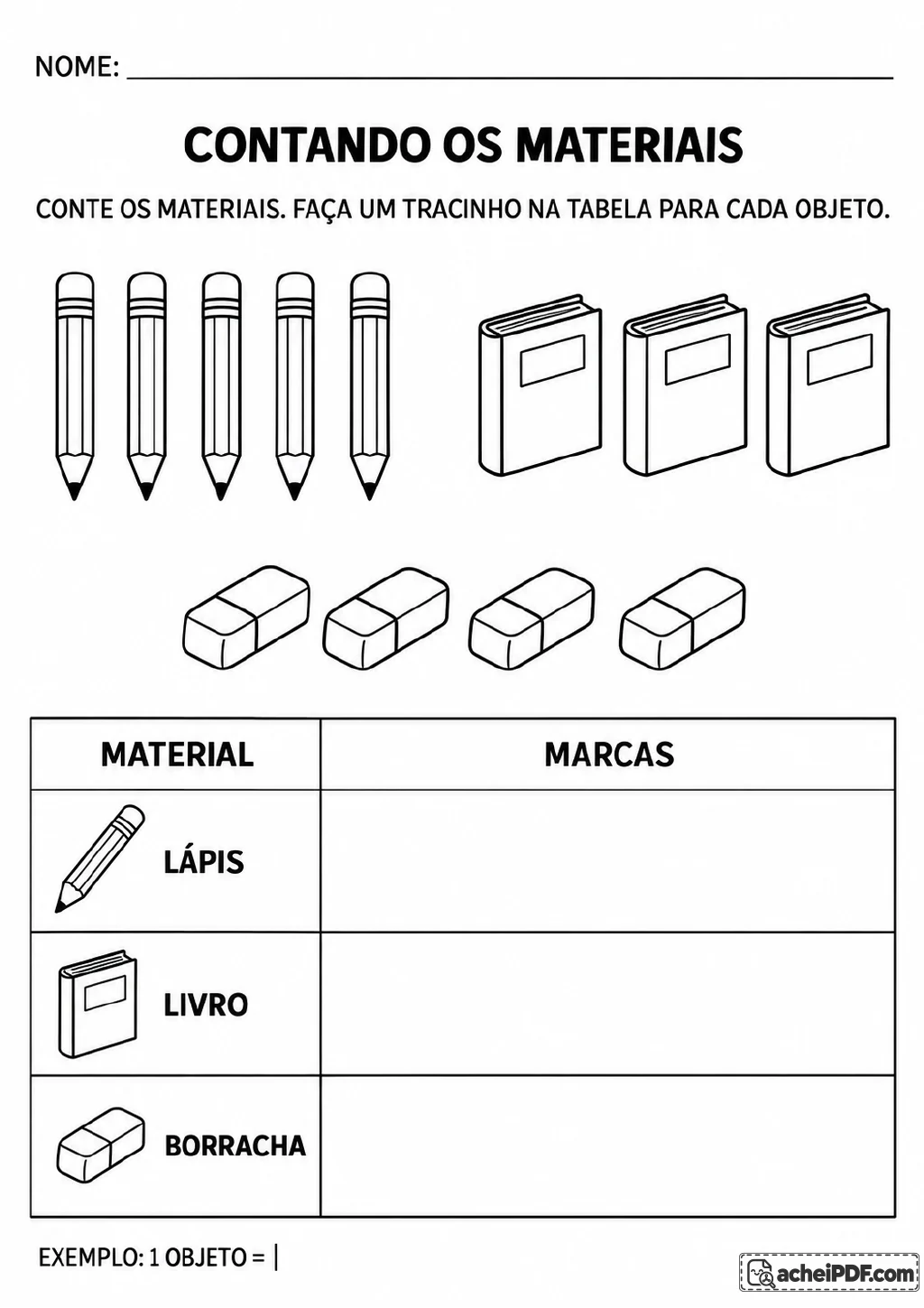 Lápis, livros e borrachas ao lado de uma tabela com as colunas Material e Marcas.