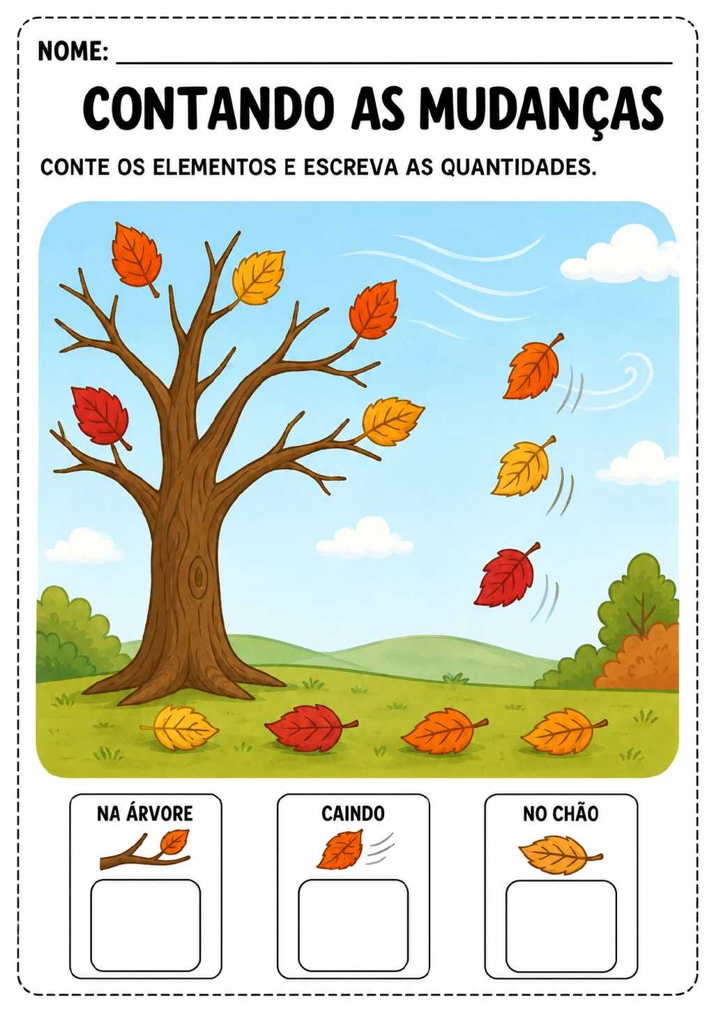 Árvore em cena de outono com 5 folhas na árvore, 3 caindo e 4 no chão, além de campos para registrar as quantidades.