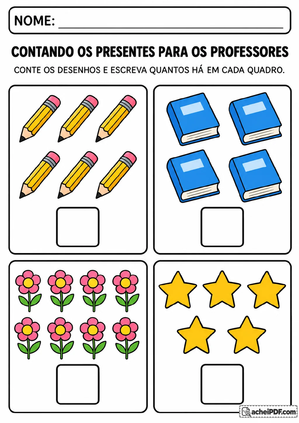 Quatro quadros com grupos de seis lápis, quatro livros, oito flores e cinco estrelas.