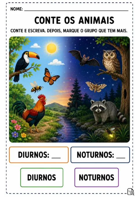 Paisagem dividida entre dia ensolarado e noite estrelada, com tucano, borboleta, abelha, galo, morcego, coruja, mariposa.