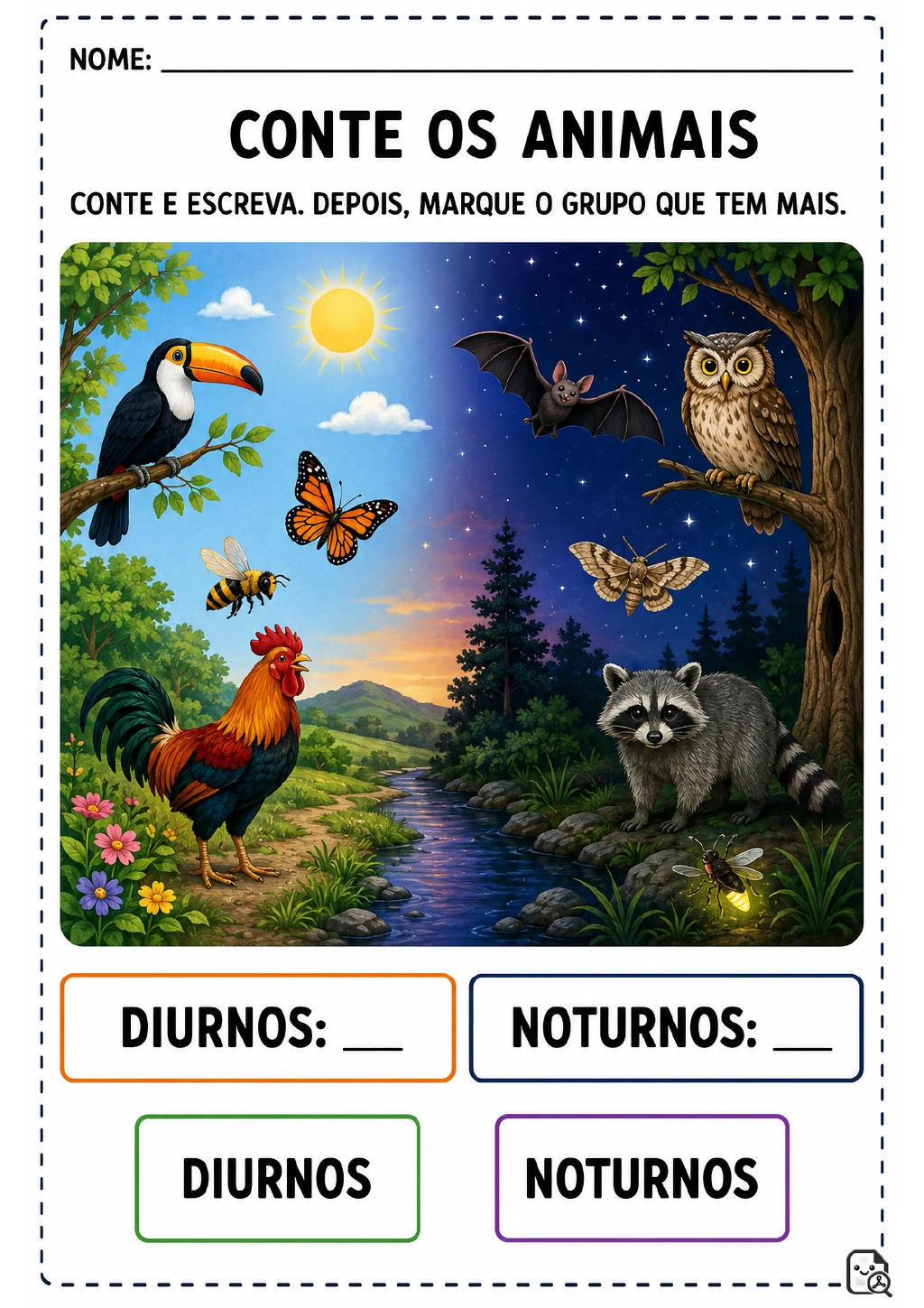 Paisagem dividida entre dia ensolarado e noite estrelada, com tucano, borboleta, abelha, galo, morcego, coruja, mariposa.