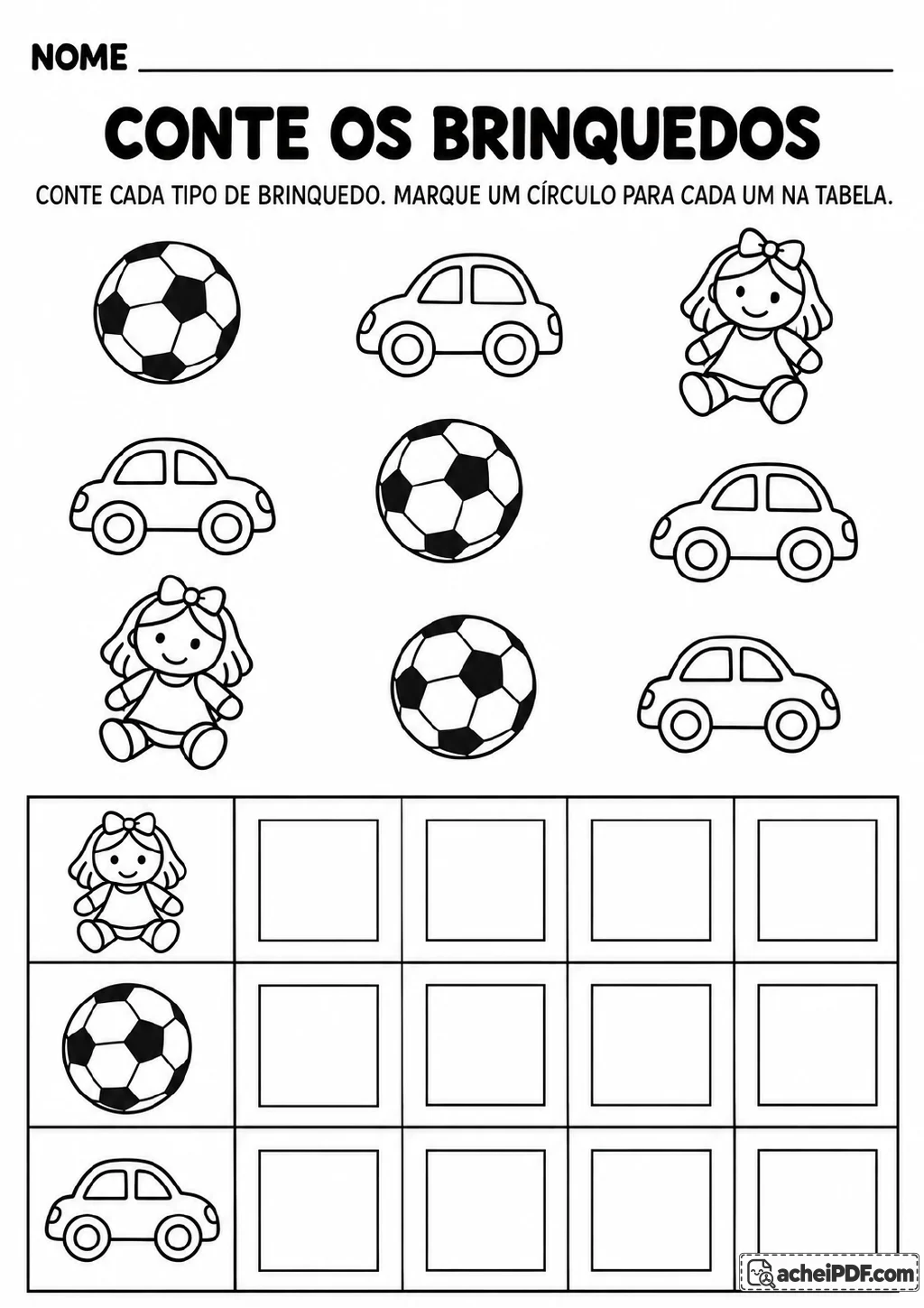 Duas bonecas, três bolas de futebol e quatro carros acima de uma tabela com três linhas e quatro quadrados em cada linha.