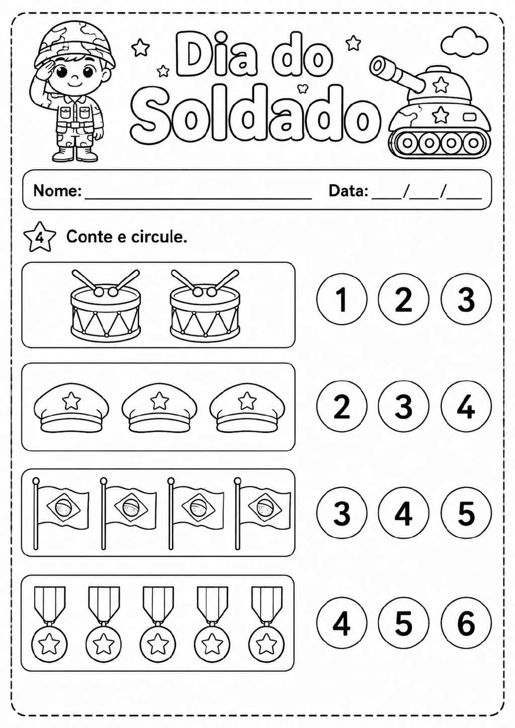 Grupos com dois tambores, três bonés militares, quatro bandeiras do Brasil e cinco medalhas.