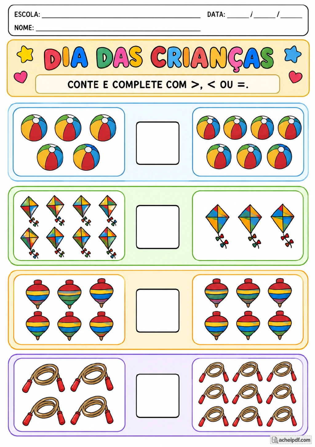 Quatro comparações coloridas entre conjuntos de bolas, pipas, piões e cordas, com caixas centrais para os sinais maior.