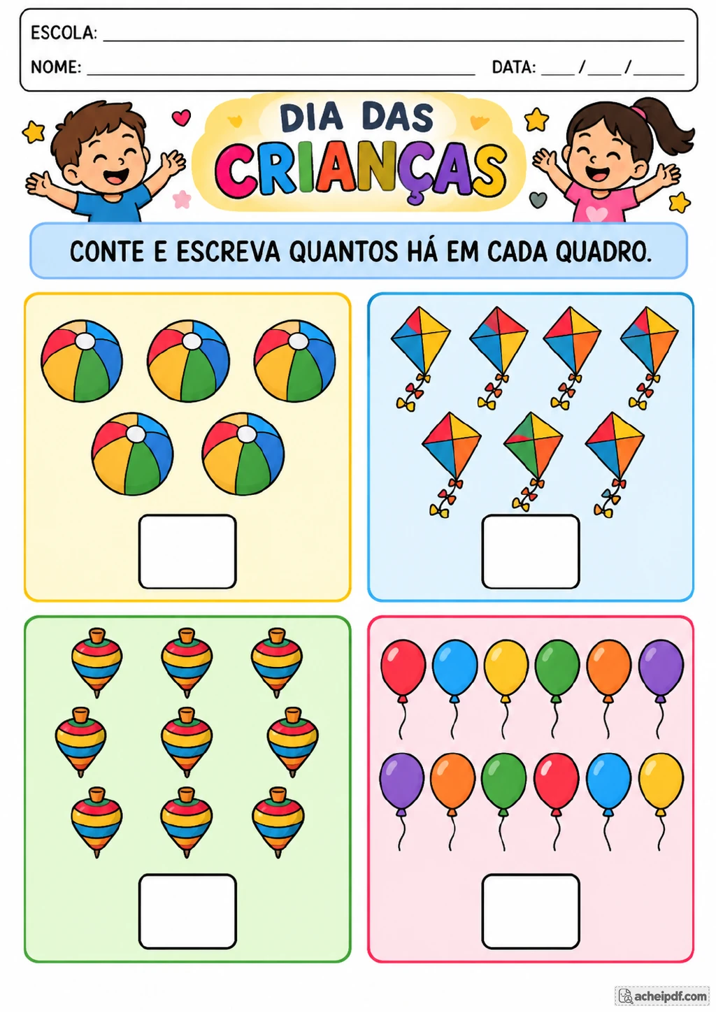 Quatro quadros coloridos com bolas, pipas, piões e balões em diferentes quantidades.