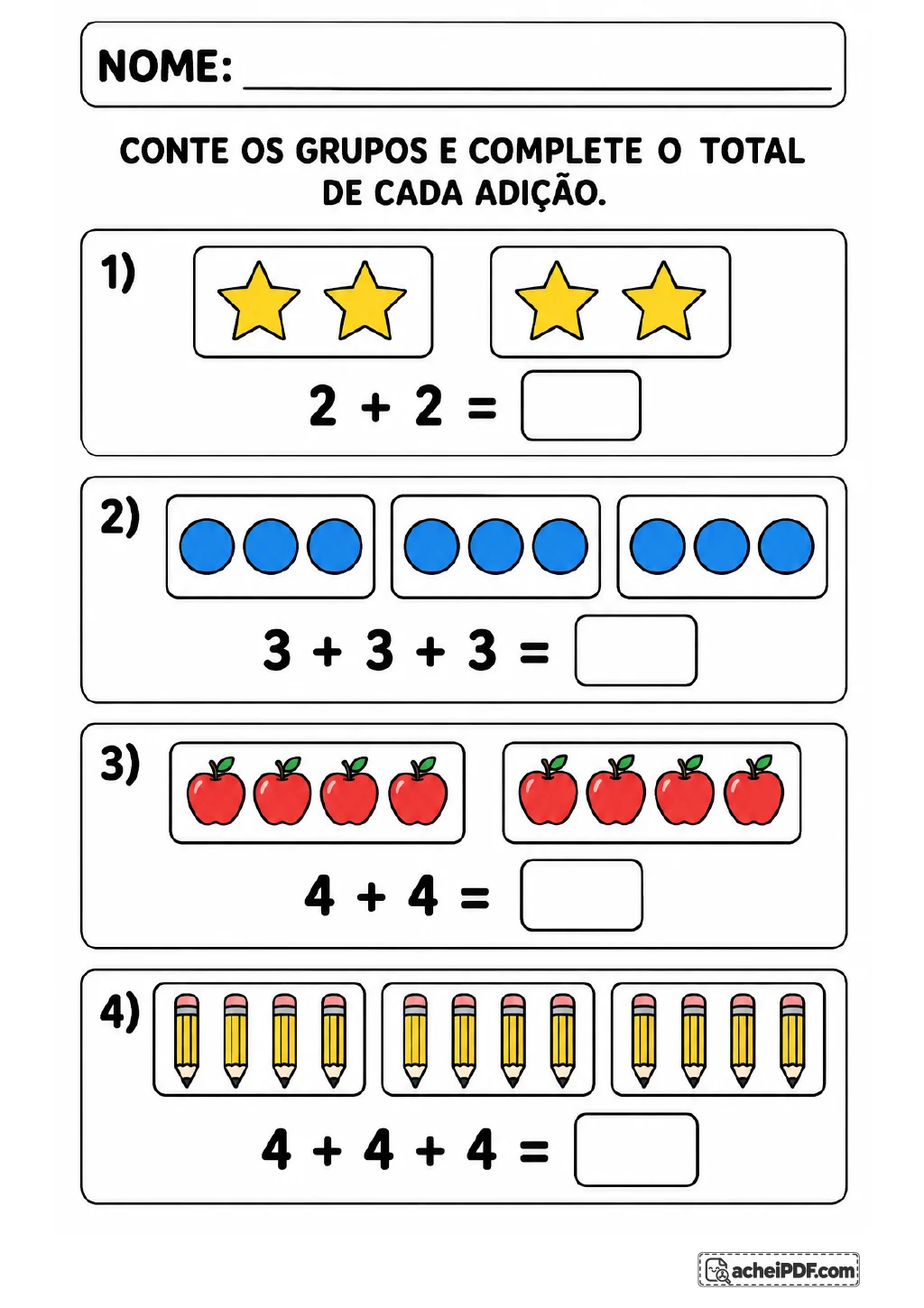 Quatro adições ilustradas por grupos de estrelas, bolas azuis, maçãs e lápis: 2 mais 2, 3 mais 3 mais 3.