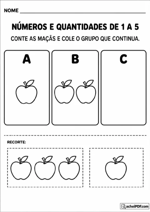 Três cartões identificados por A, B e C: A mostra uma maçã, B mostra duas maçãs e C está vazio.