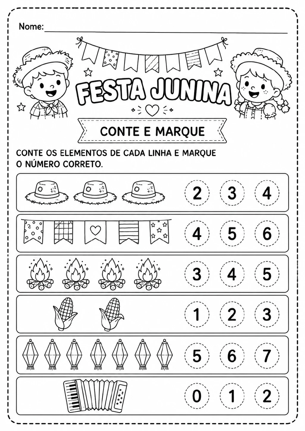 Seis linhas de contagem com chapéus de palha, bandeirinhas, fogueiras, espigas de milho, balões juninos e sanfonas.