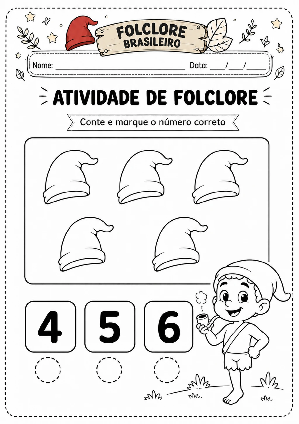 Quadro com cinco chapéus e, abaixo, círculos tracejados com os numerais 4, 5 e 6.