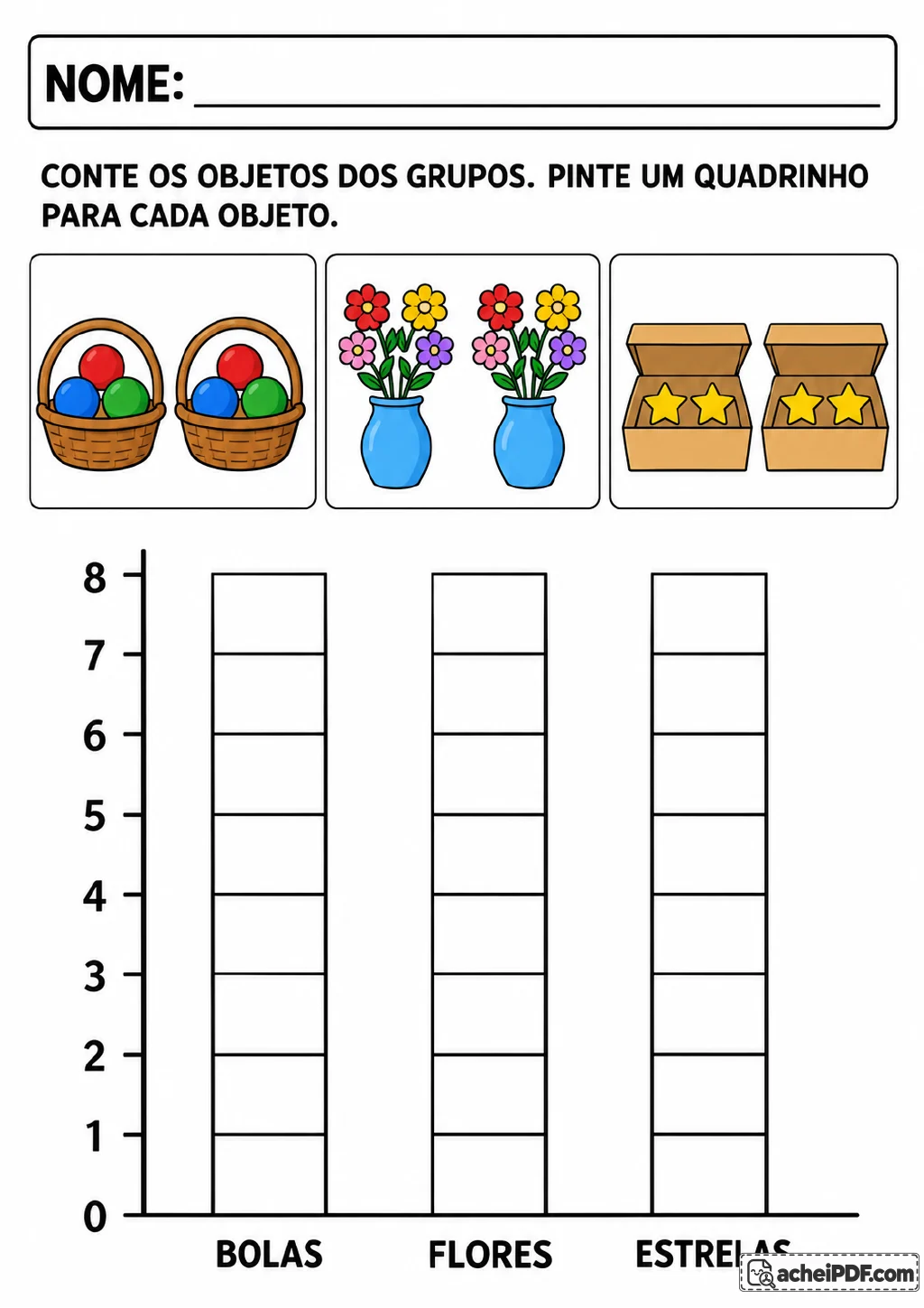 Gráfico de colunas colorido com escala de 0 a 8 e categorias Bolas, Flores e Estrelas, ao lado de duas cestas de bolas.