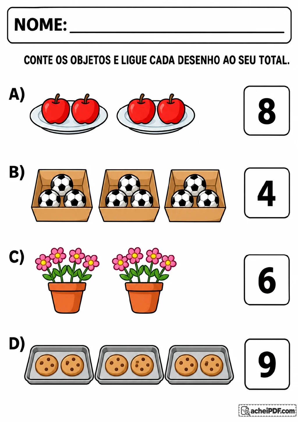 Quatro conjuntos coloridos de maçãs em pratos, bolas de futebol em caixas, flores em vasos e biscoitos em assadeiras.