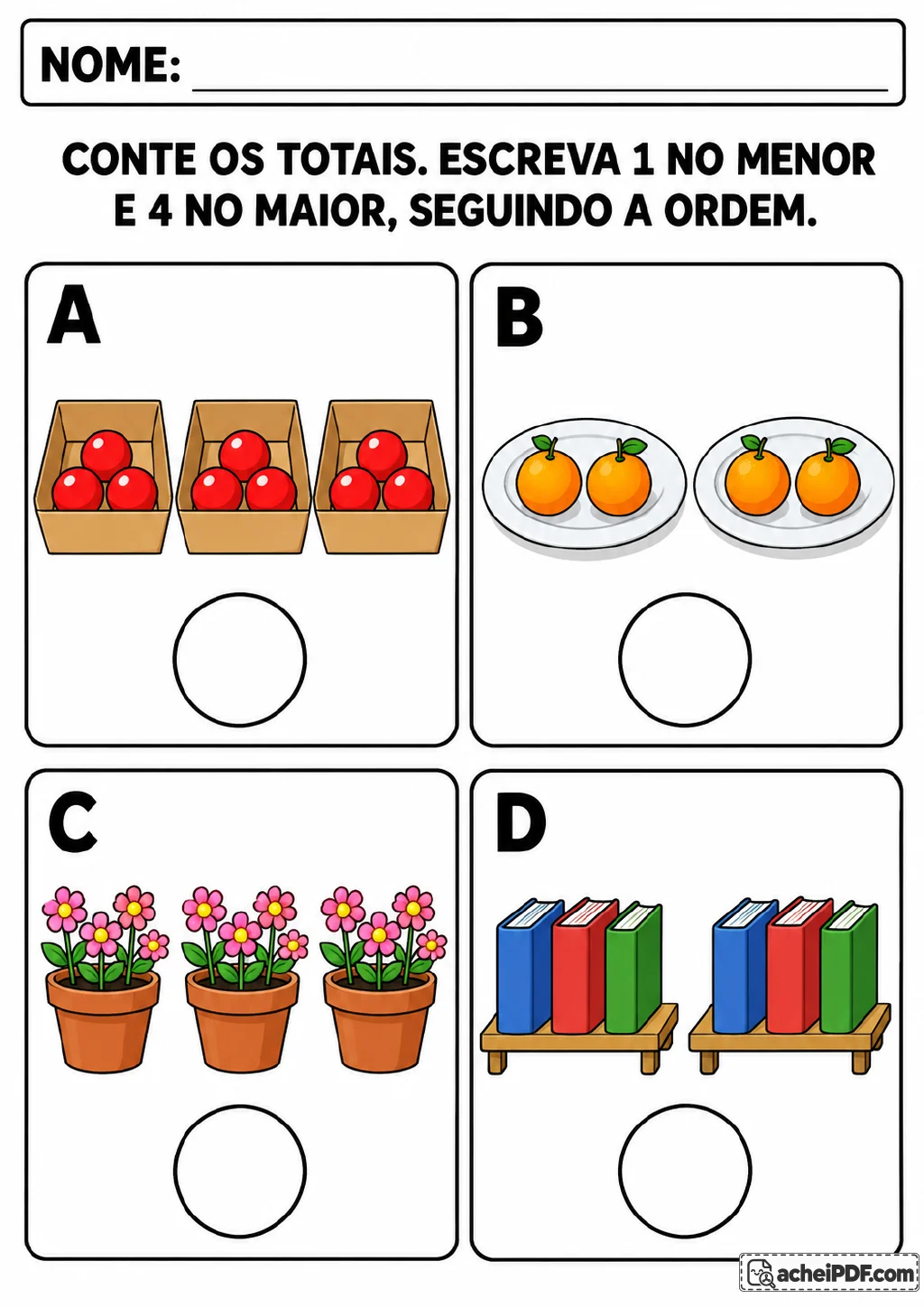 Quatro quadros coloridos identificados por A, B, C e D mostram caixas com frutas vermelhas, pratos com laranjas.