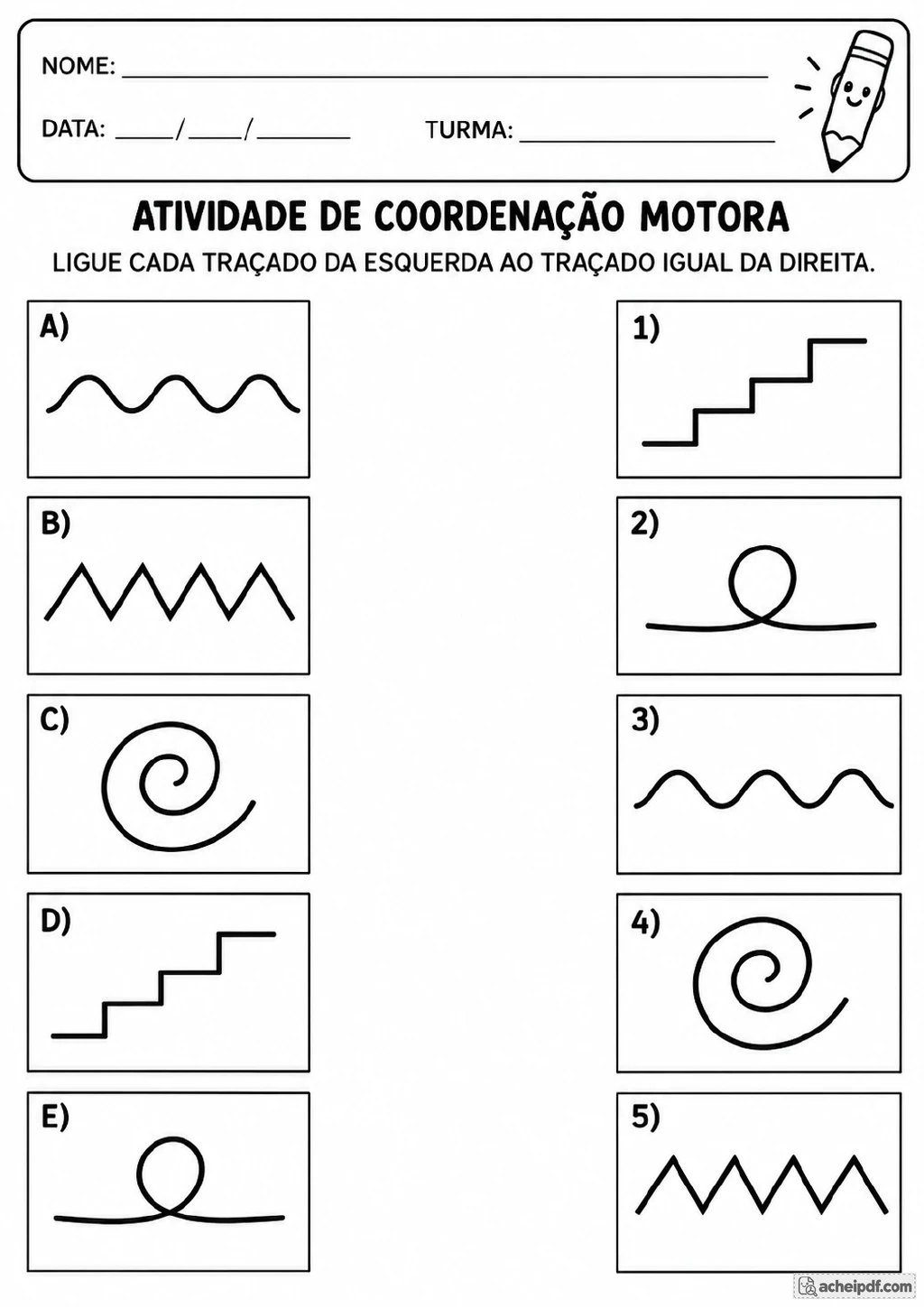 Duas colunas de traçados para relacionar: itens de A a E à esquerda e modelos de 1 a 5 à direita, com linha ondulada.