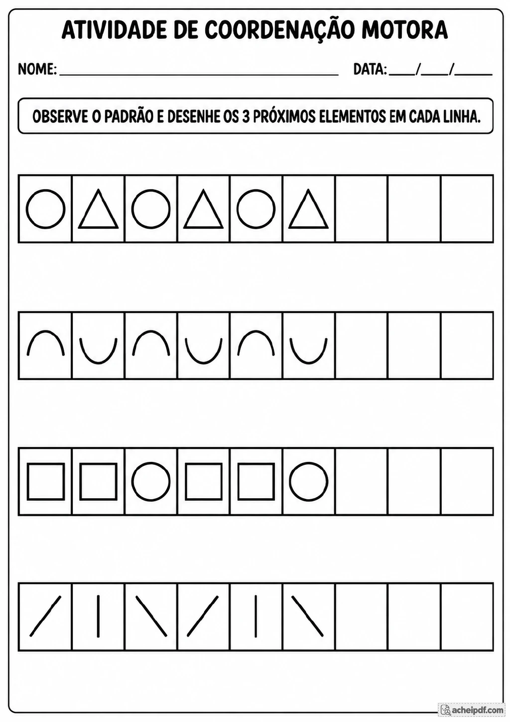 Quatro sequências em quadrinhos com círculos, triângulos, curvas, retângulos e linhas.
