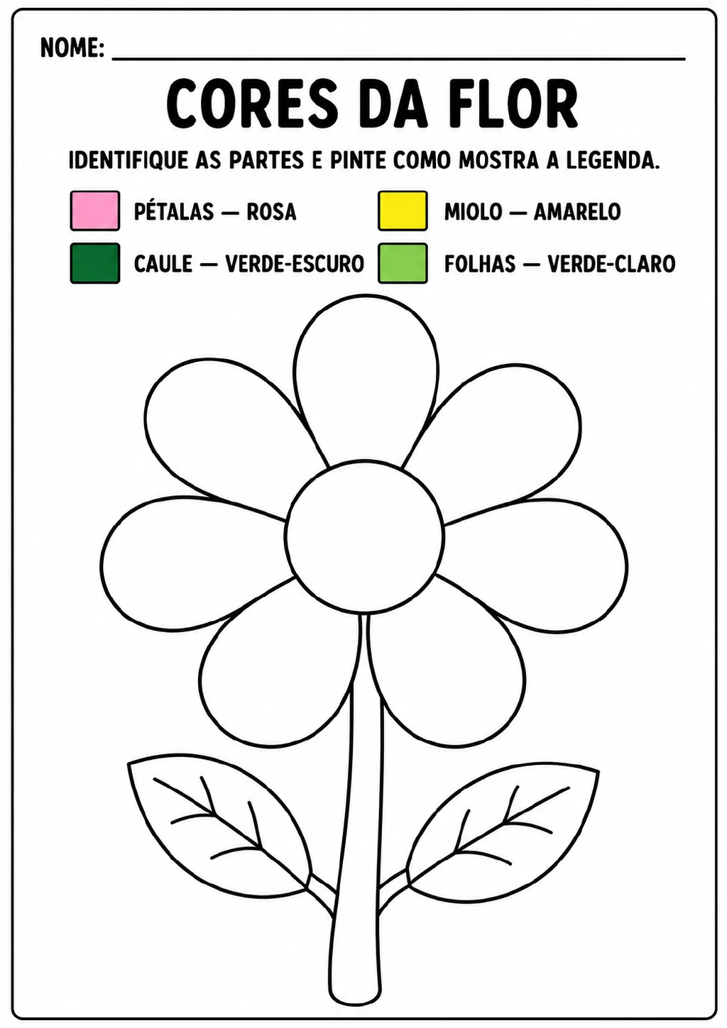 Flor em preto e branco acompanhada de legenda: pétalas rosas, miolo amarelo, caule verde-escuro e folhas verde-claras.