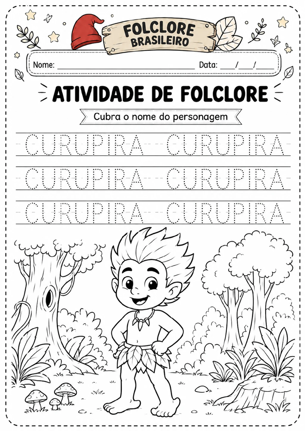 Curupira em uma floresta com plantas, cogumelos, cipó e árvore com rosto; acima, três linhas pontilhadas com o nome CURUPIRA.